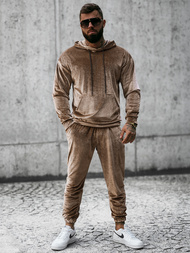 Komplet dresowy męski welurowy ciemno-beżowy OZONEE O/D7517