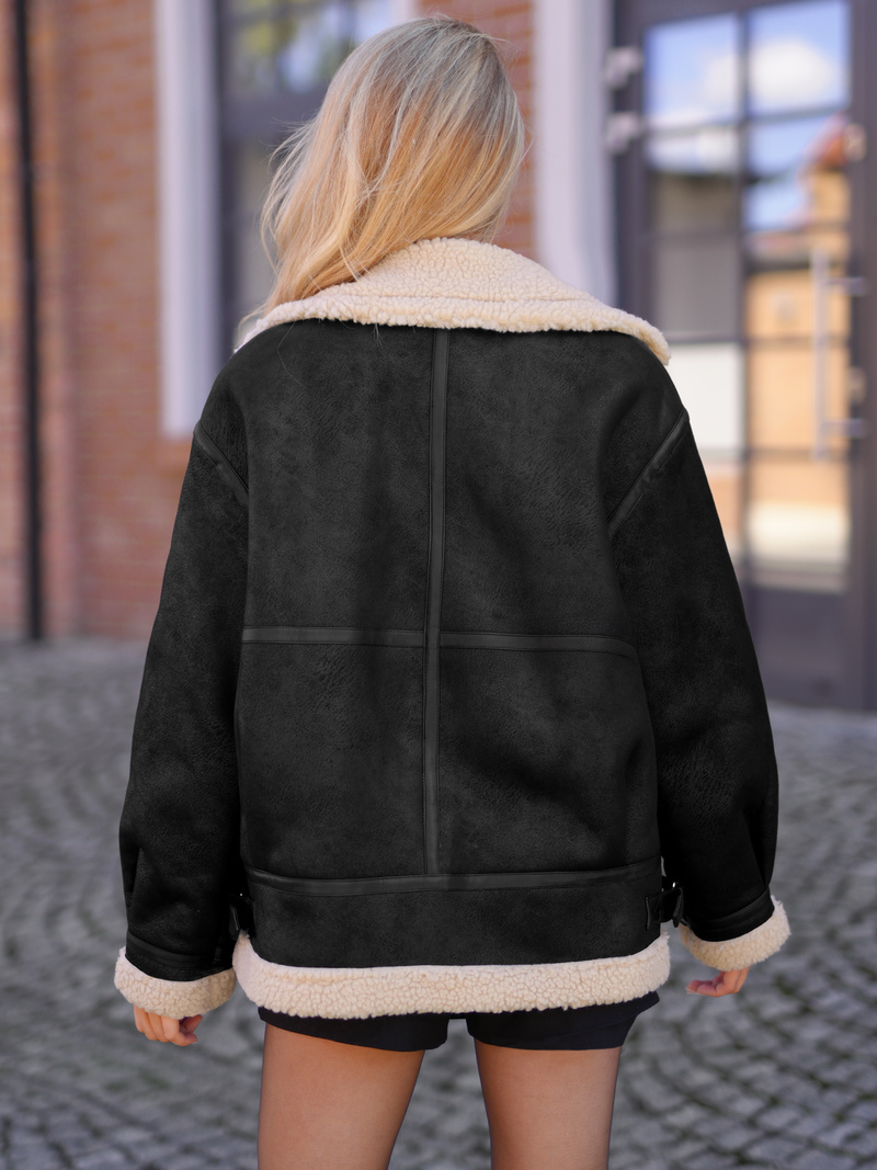 Kurtka skórzana damska z kożuchem czarno-beżowa OZONEE JS/61M8502/392B