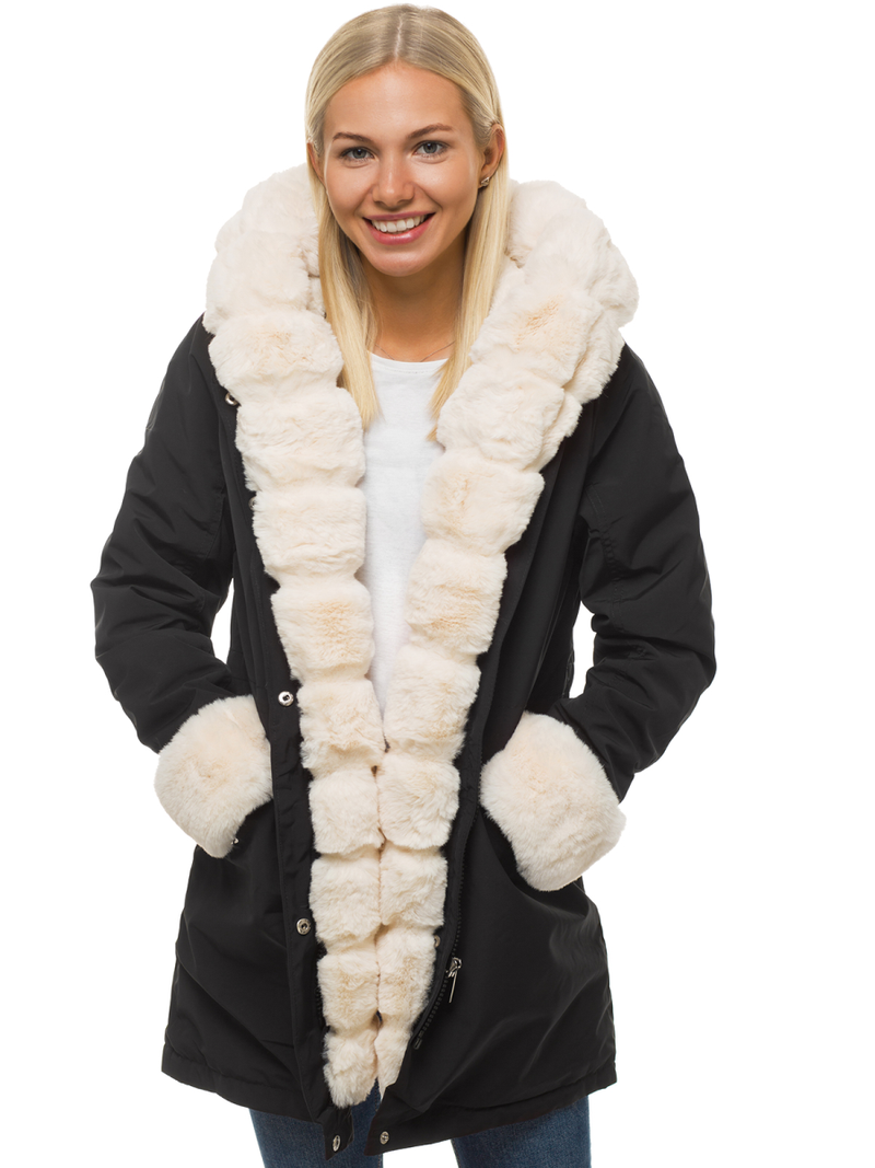 Kurtka zimowa damska parka z futerkiem czarna OZONEE N/6320
