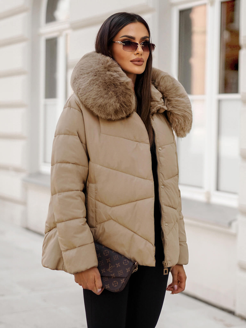 Kurtka zimowa damska z futerkiem beżowa OZONEE JS/16M9181/62Z