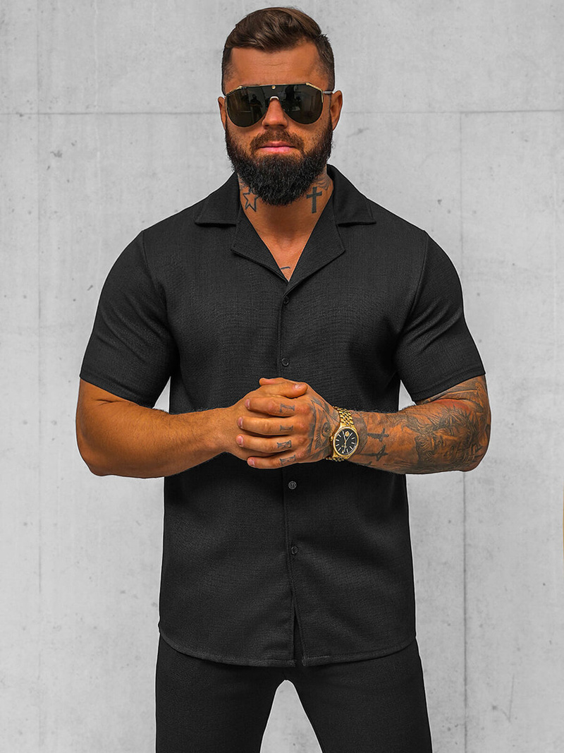 Koszula męska z krótkim rękawem czarna OZONEE O/Y971T