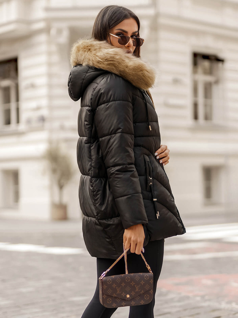 Kurtka zimowa damska z futerkiem czarna OZONEE JS/5M3257/392