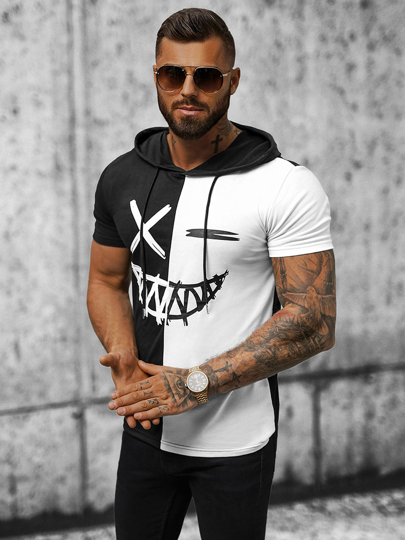 T-Shirt męski z kapturem czarno-biały OZONEE JS/8T981
