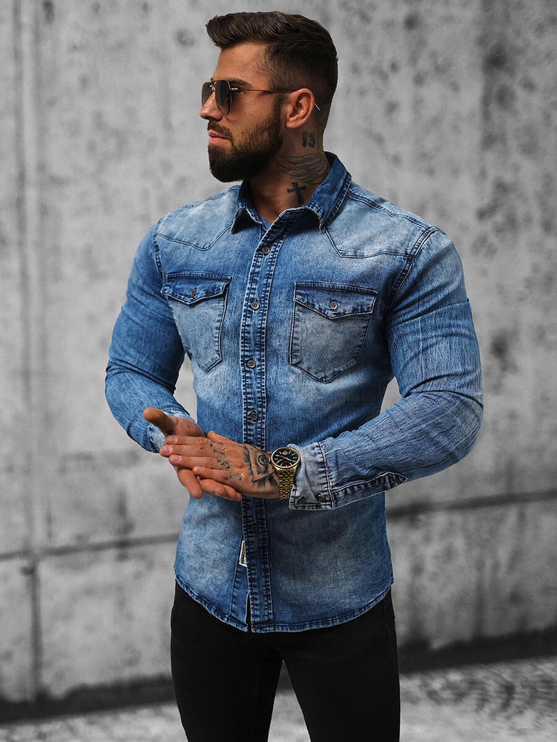 Чоловіча джинсова сорочка tемно-cиня OZONEE NB/MC710BS