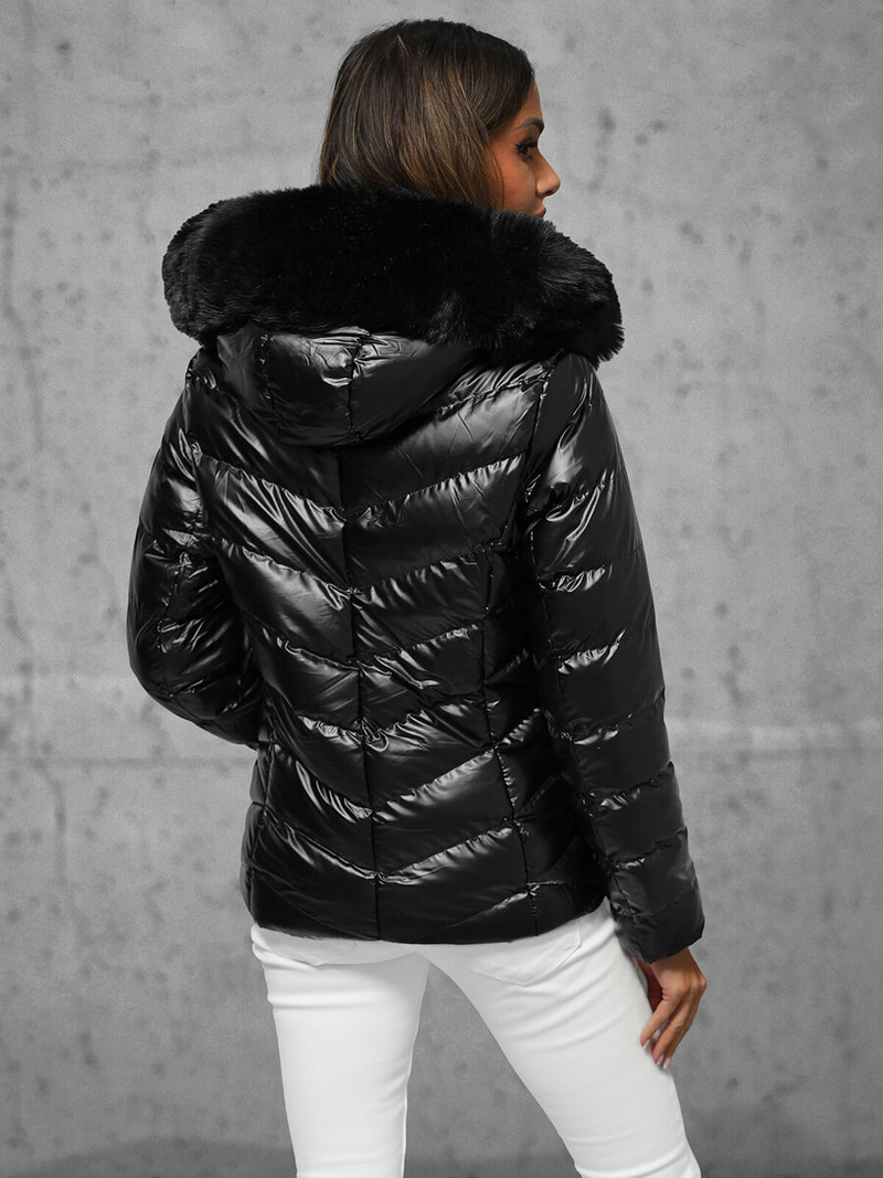 Kurtka zimowa damska pikowana z futerkiem czarna OZONEE JS/5M3138/392A