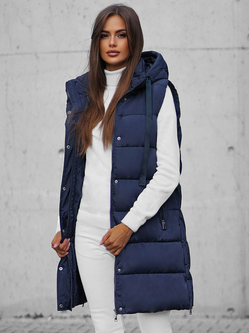 Kamizelka damska długa pikowana z kapturem granatowa OZONEE O/81276Z