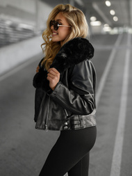 Kurtka skórzana damska z futerkiem czarna OZONEE JS/61M8508/392A