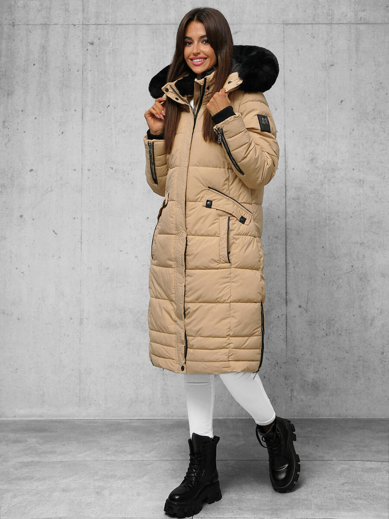 Kurtka zimowa damska długa pikowana beżowa OZONEE O/W377