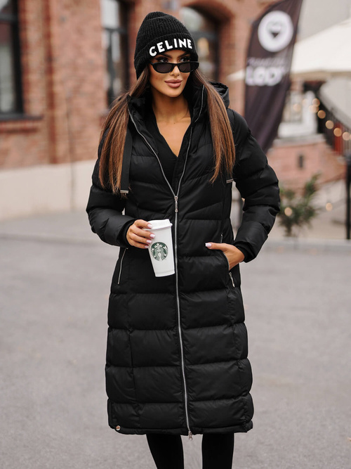 Kurtka zimowa damska długa pikowana czarna OZONEE JS/M736/392Z