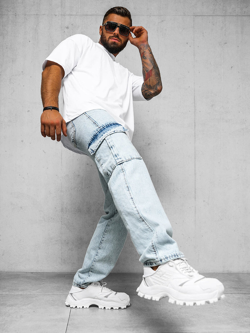 Spodnie jeansowe męskie wide leg jasno-niebieskie OZONEE DO/4001