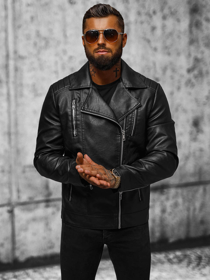 Чоловіча шкіряна куртка Чорна OZONEE JS/11Z8067