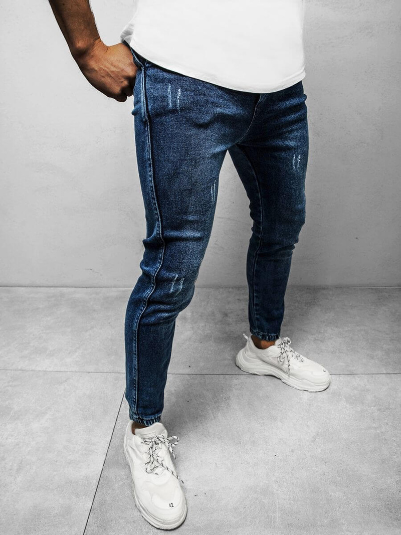 Spodnie jeansowe joggery męskie ciemno-niebieskie OZONEE DJ/5672