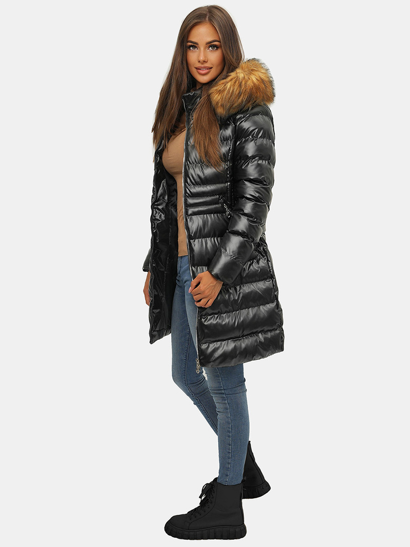 Kurtka zimowa damska z futerkiem czarno-brązowa OZONEE JS/M777/392B