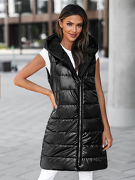 Kamizelka damska długa pikowana z kapturem czarna OZONEE JS/16M9117/392