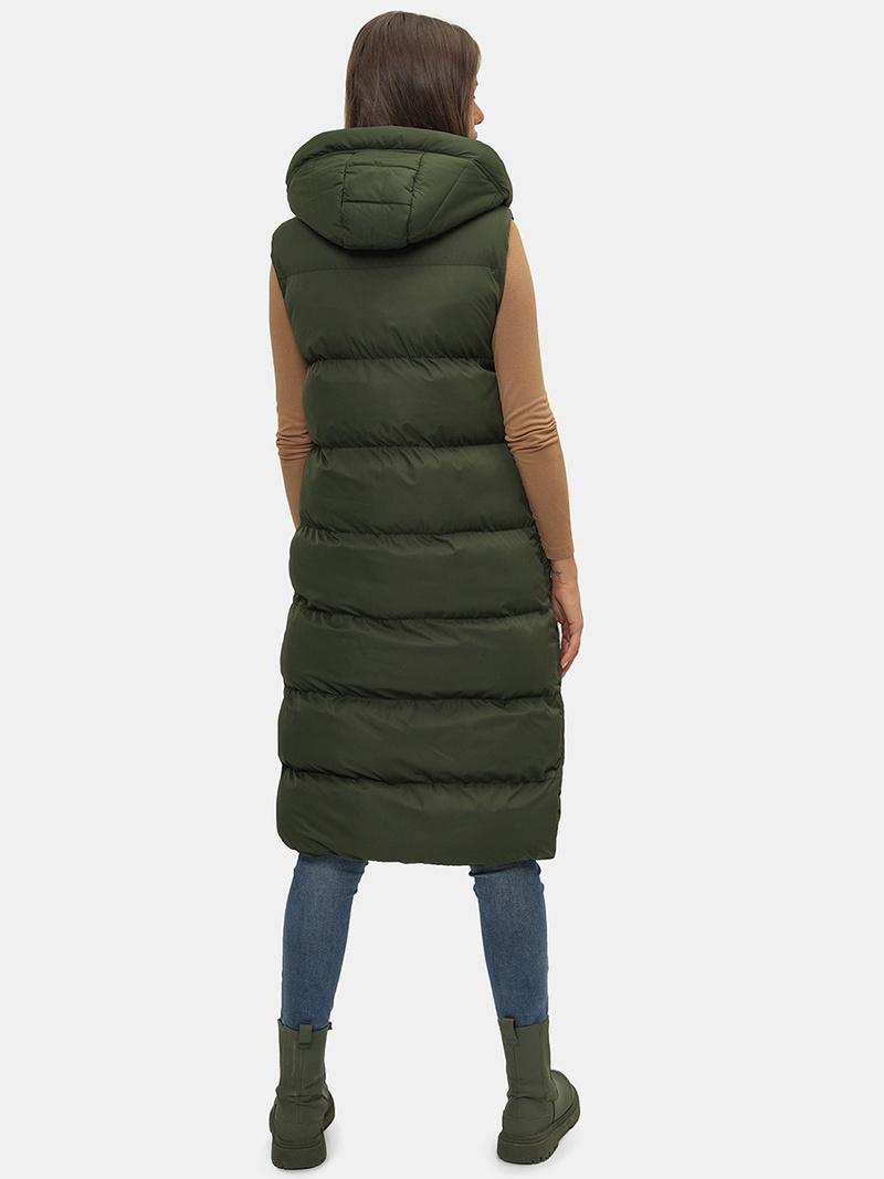 Kamizelka damska długa pikowana z kapturem ciemno-zielona OZONEE JS/M728/136