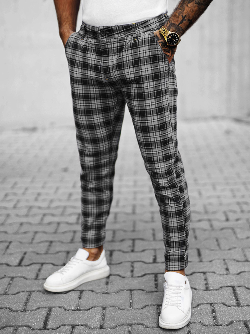 Spodnie męskie chino materiałowe w kratę grafitowe OZONEE O/H6003