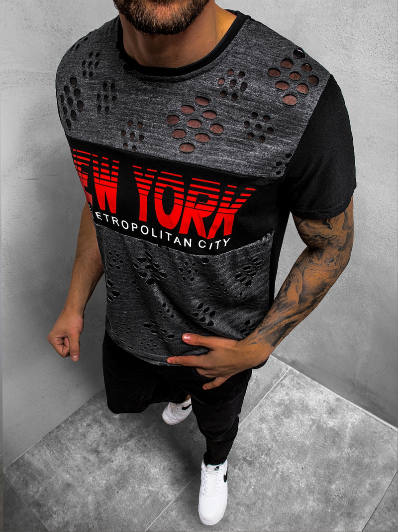 T-Shirt męski z nadrukiem czarny OZONEE JS/KS2082Z