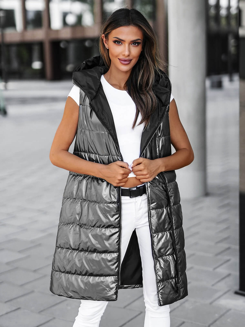 Kamizelka damska długa pikowana z kapturem grafitowa OZONEE JS/16M9117/105