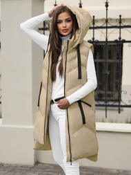 Kamizelka damska długa pikowana z kapturem beżowa OZONEE JS/M788/62Z