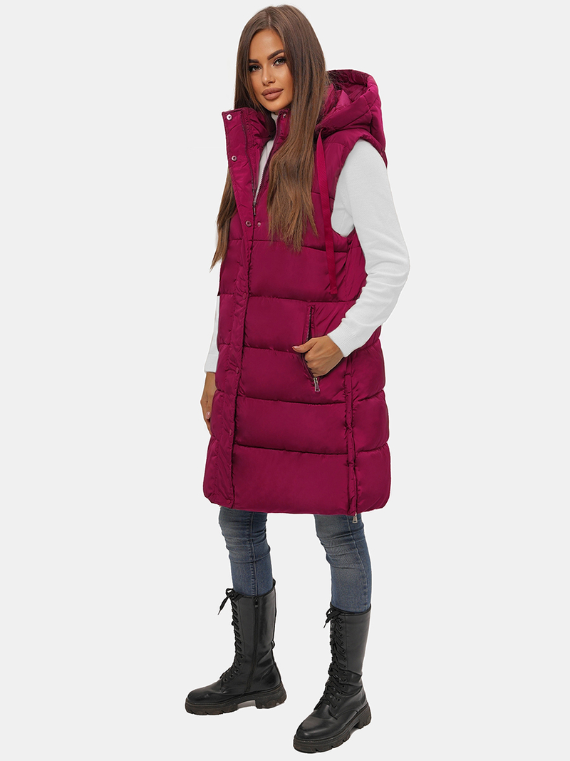 Kamizelka damska długa pikowana z kapturem bordowa OZONEE O/81276