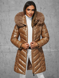 Kurtka zimowa damska długa z futerkiem camelowa OZONEE JS/16M9100/84