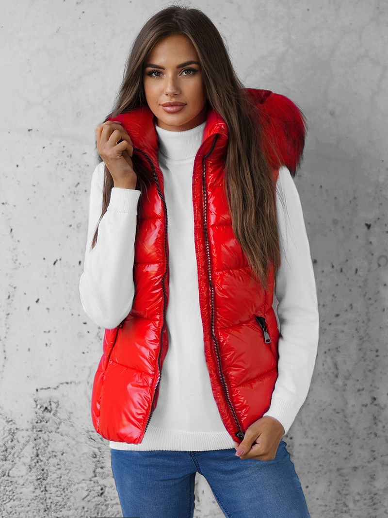 Kamizelka damska pikowana z futerkiem czerwona OZONEE O/DK027/4Z