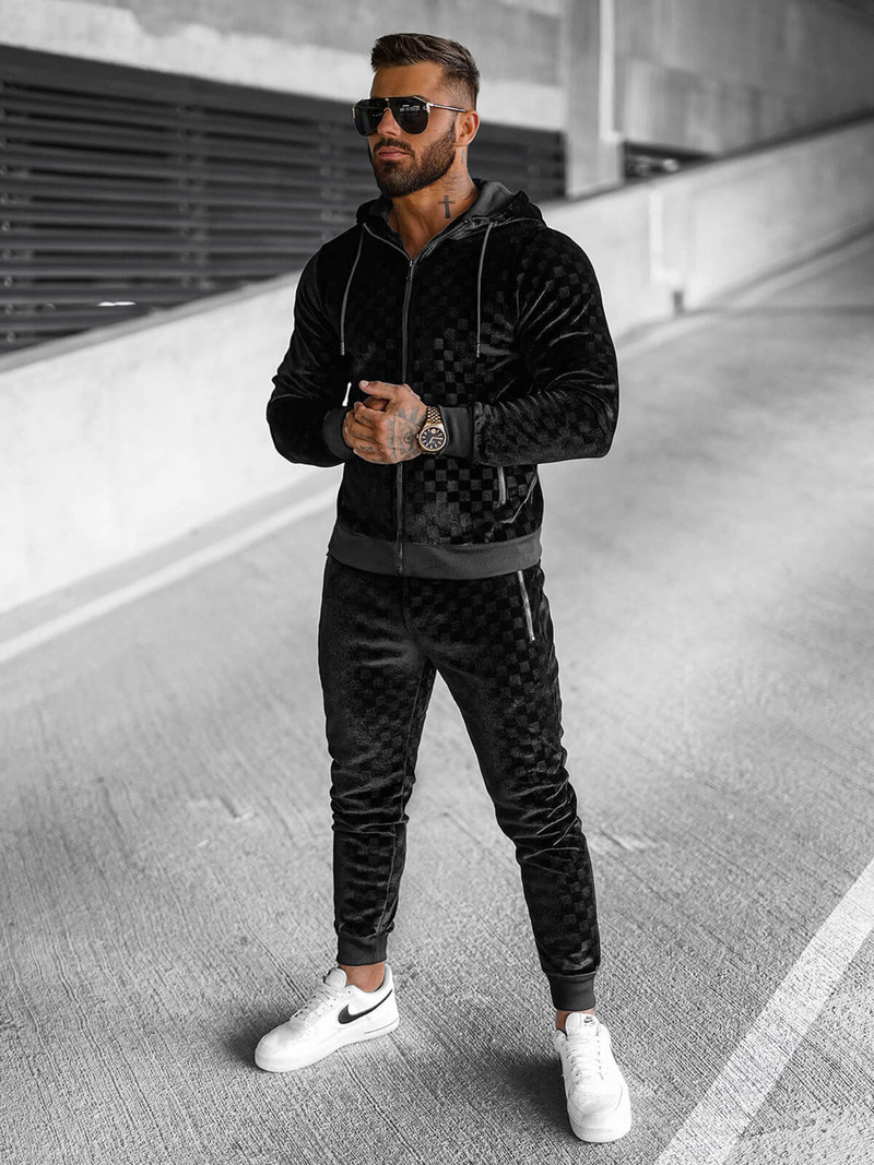 Komplet dresowy męski welurowy czarny OZONEE O/3A133/A135Z