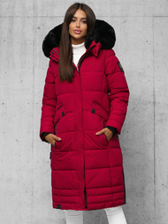 Kurtka zimowa damska długa pikowana ciemno-czerwona OZONEE O/W377