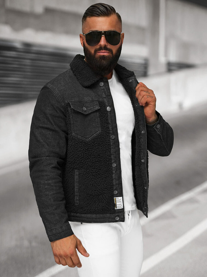 Kurtka męska jeansowa sherpa czarna OZONEE NB/MJ533NZ