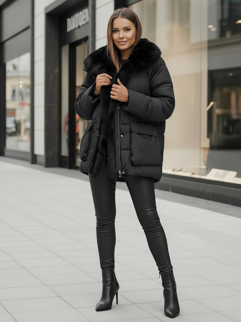 Kurtka zimowa damska z futerkiem czarna OZONEE JS/16M9185/392Z