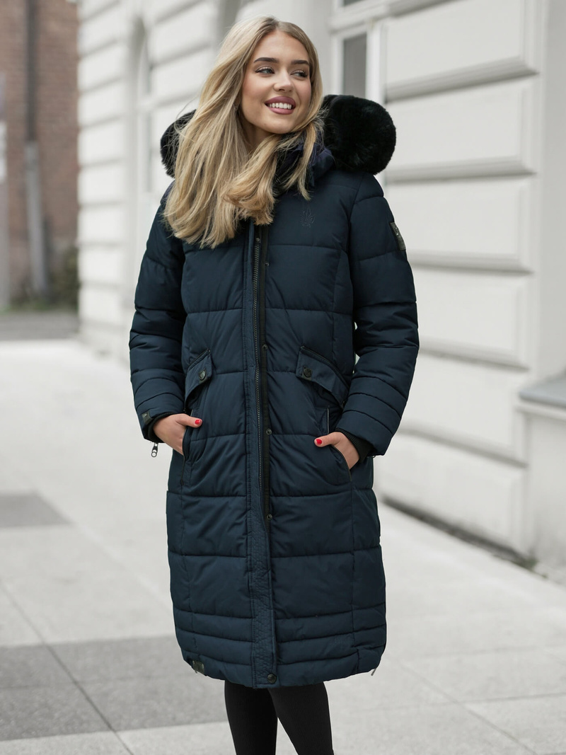 Kurtka zimowa damska długa pikowana granatowa OZONEE O/W377