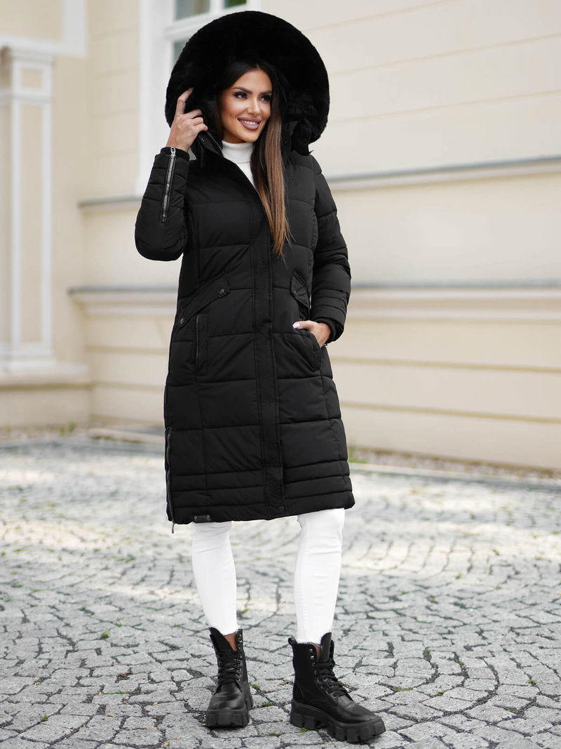 Kurtka zimowa damska długa pikowana czarna OZONEE O/W377Z