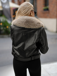 Kurtka ramoneska damska z futerkiem czarno-beżowa OZONEE JS/61M8511/392B