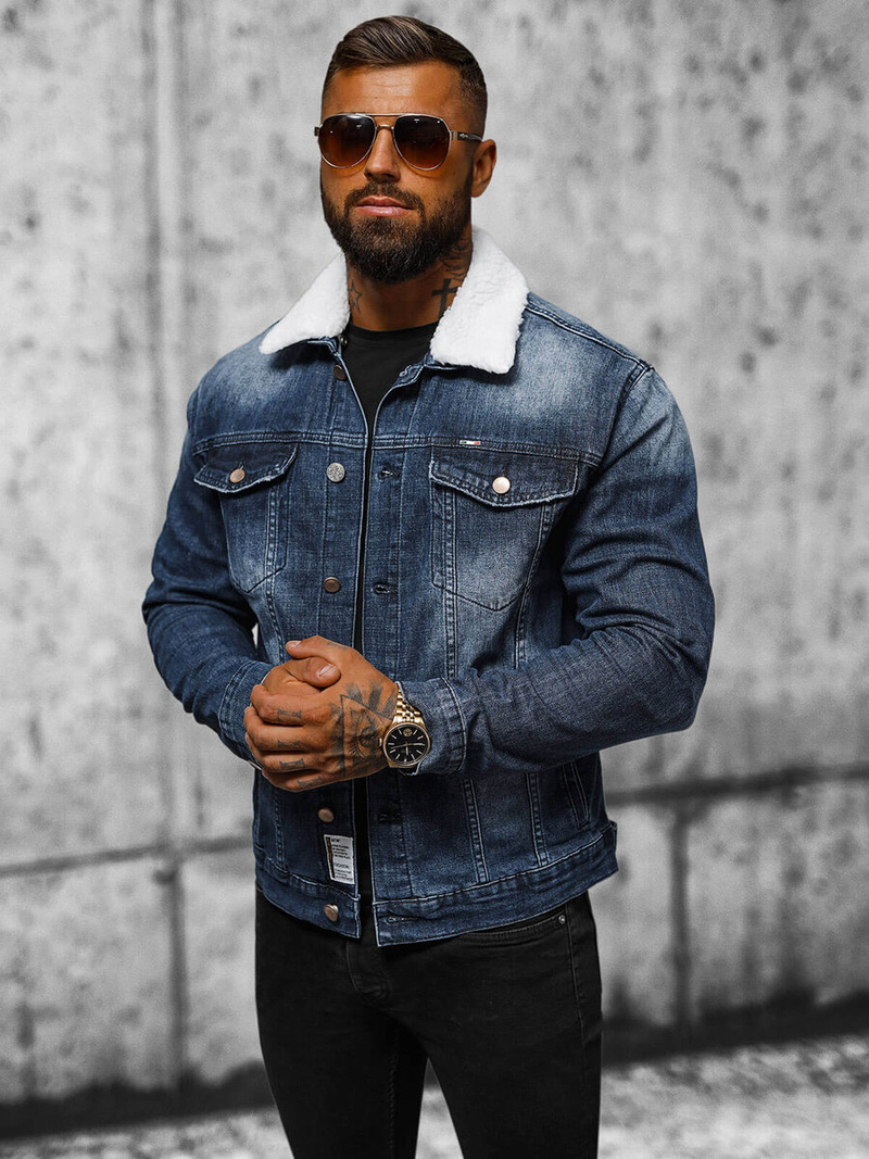 Kurtka męska jeansowa sherpa ciemno-niebieska OZONEE NB/MJ516BSZ