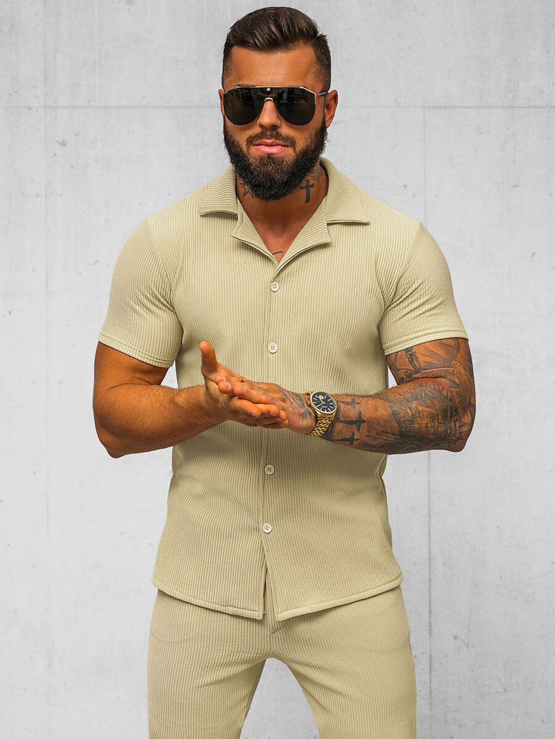 Koszula męska z krótkim rękawem beżowa OZONEE O/Y963T