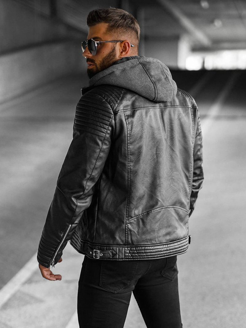 Чоловіча шкіряна куртка Чорна OZONEE JS/11Z8063