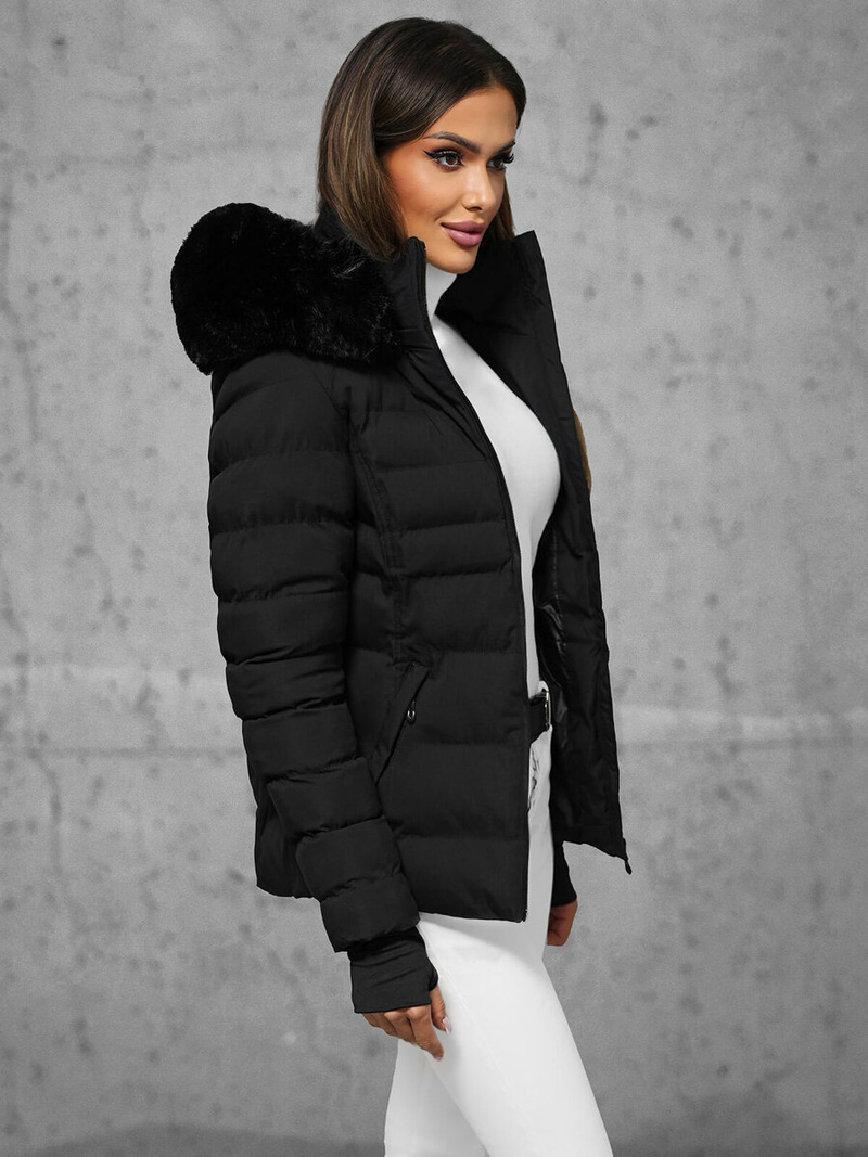 Kurtka zimowa damska z futerkiem czarna OZONEE JS/5M768/392A