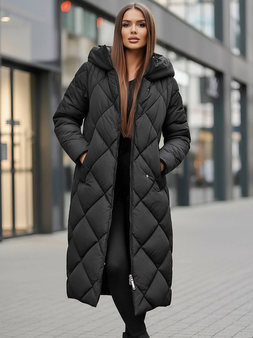 Kurtka zimowa damska długa pikowana czarna OZONEE JS/5M3173/392Z
