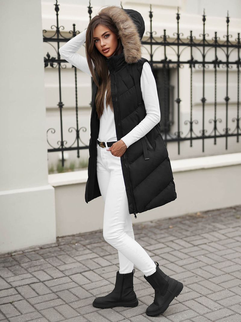 Kamizelka damska długa pikowana z futerkiem czarna OZONEE JS/M787/392Z