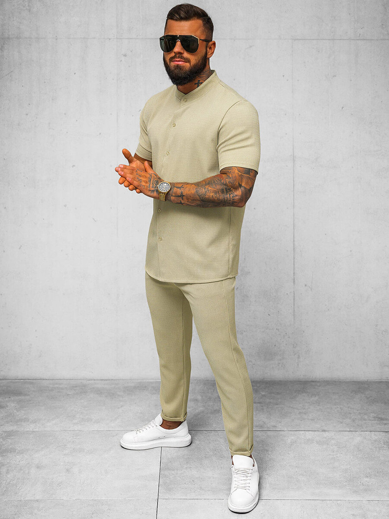 Koszula męska z krótkim rękawem beżowa OZONEE O/Y972T