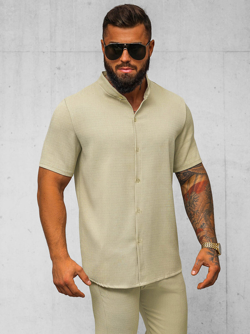 Koszula męska z krótkim rękawem beżowa OZONEE O/Y972T