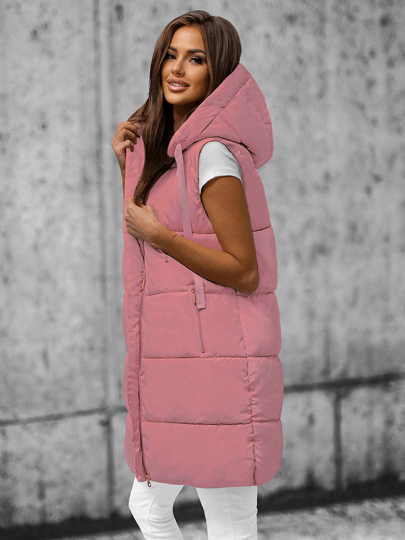 Kamizelka damska długa pikowana z kapturem pudrowa OZONEE O/81266Z