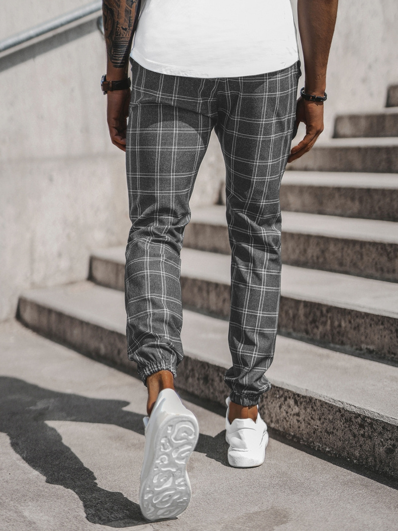 Spodnie męskie chino joggery w kratę grafitowe OZONEE DJ/2286/22Z