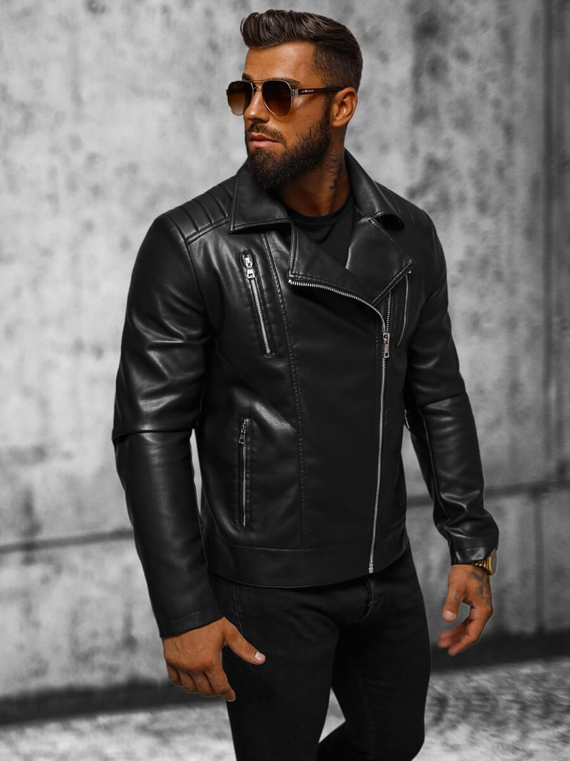 Kurtka skórzana męska ramoneska czarna OZONEE JS/11Z8056