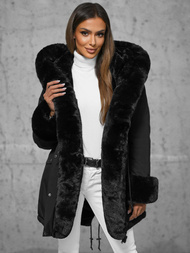 Kurtka zimowa damska długa z futerkiem czarna OZONEE JS/11Z8085