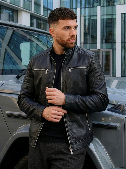 Чоловіча шкіряна куртка Чорна OZONEE JS/11Z8137