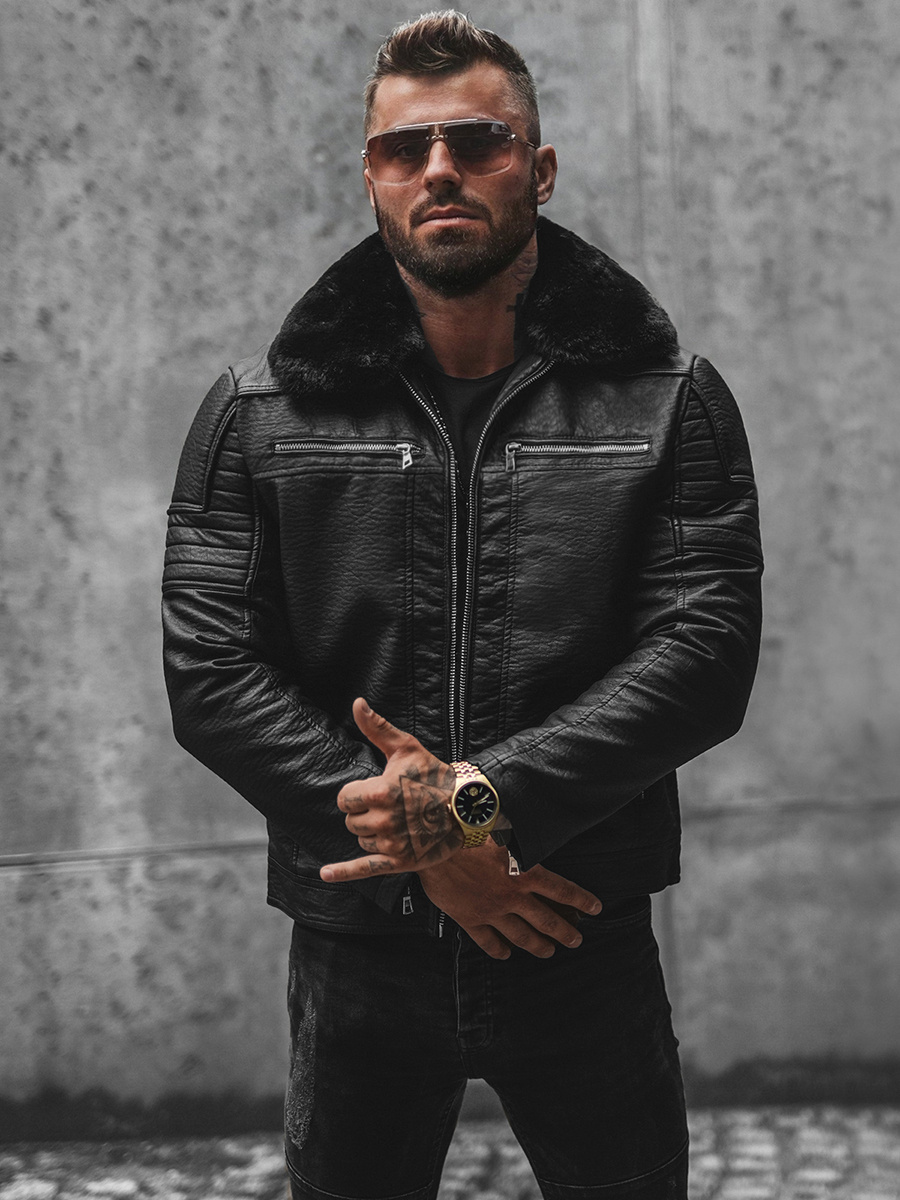 スレンダートーン Kurtka skórzana męska czarna OZONEE JS/11Z8013Z | OZONEE