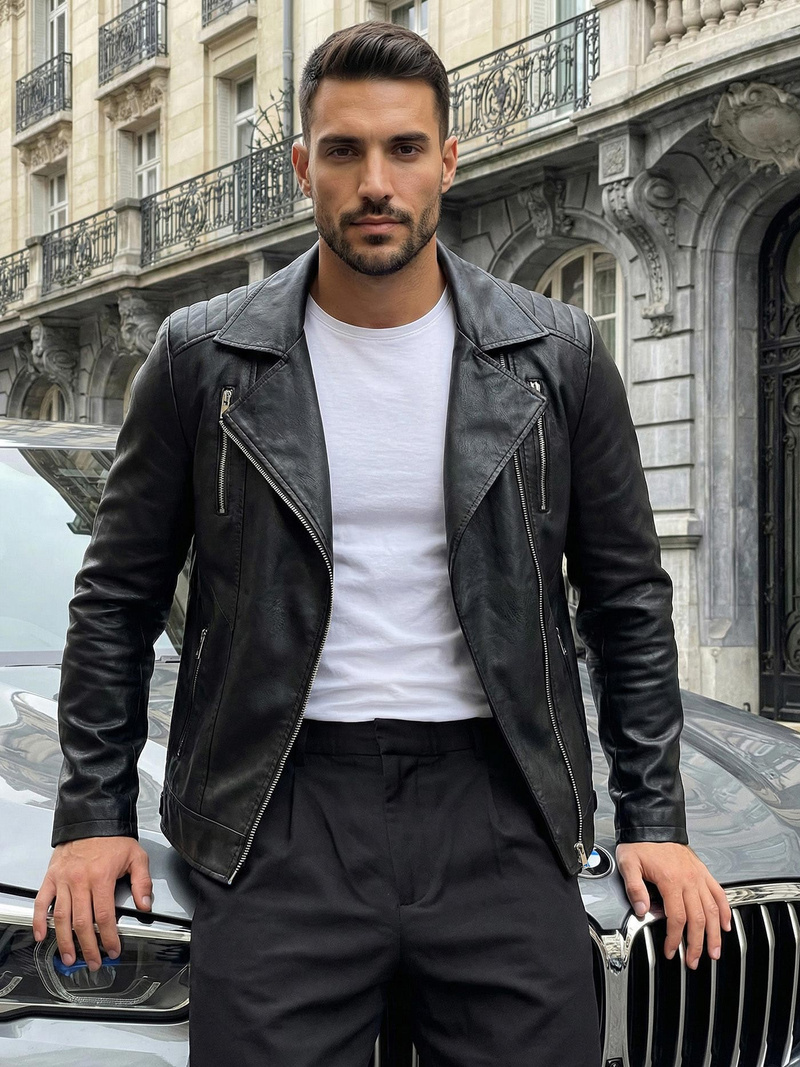 Чоловіча шкіряна куртка Чорна OZONEE JS/11Z8067Z