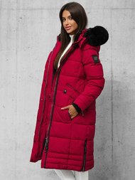 Kurtka zimowa damska długa pikowana ciemno-czerwona OZONEE O/W377