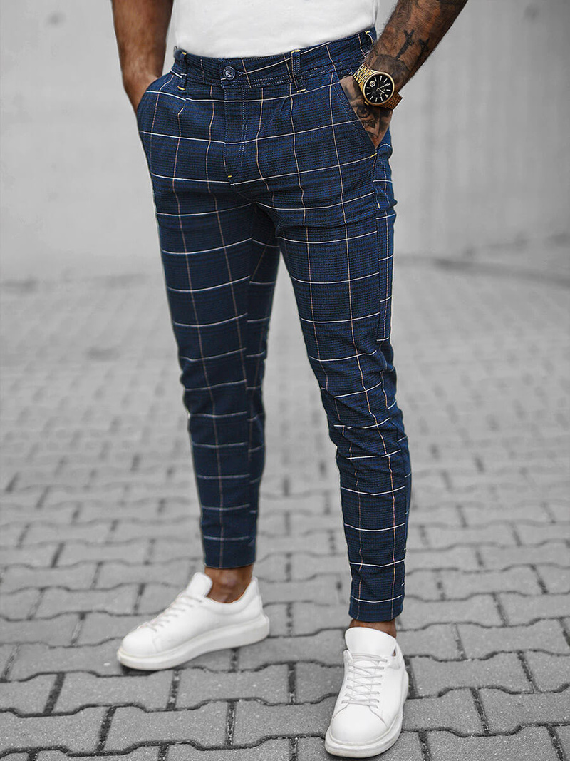 Spodnie męskie chino materiałowe w kratę granatowe OZONEE O/H6003